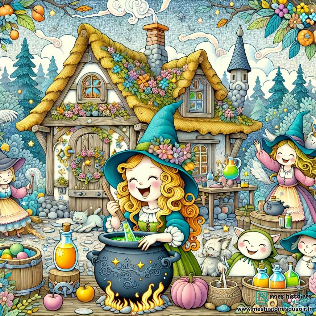Une illustration destinée aux enfants représentant une adorable apprentie sorcière enjouée, concoctant une potion magique avec l'aide de ses amis magiques, dans une petite maison en bordure de la forêt enchantée.