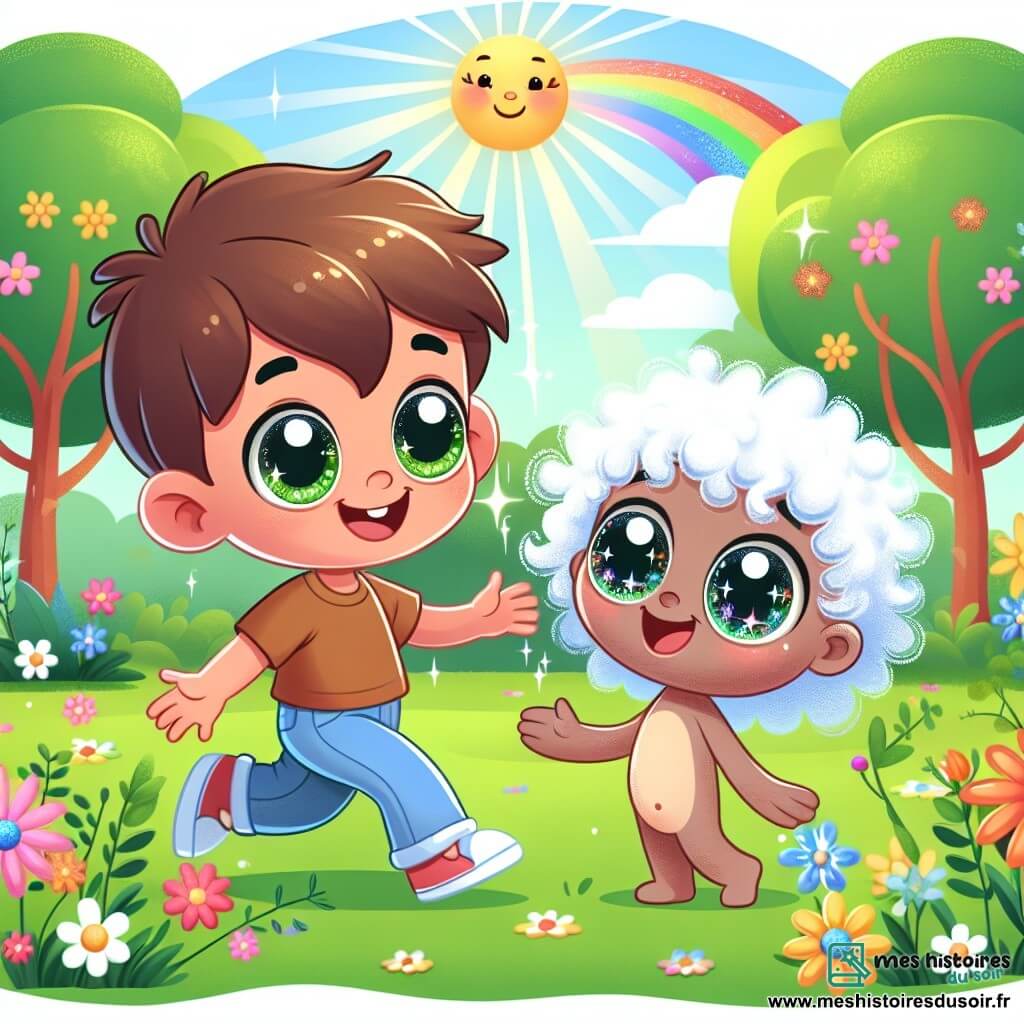 Une illustration destinée aux enfants représentant un garçon curieux et plein de vie, faisant la rencontre d'un nouvel ami aux cheveux bouclés et aux yeux brillants, dans un parc ensoleillé avec des arbres colorés et des fleurs éclatantes.
