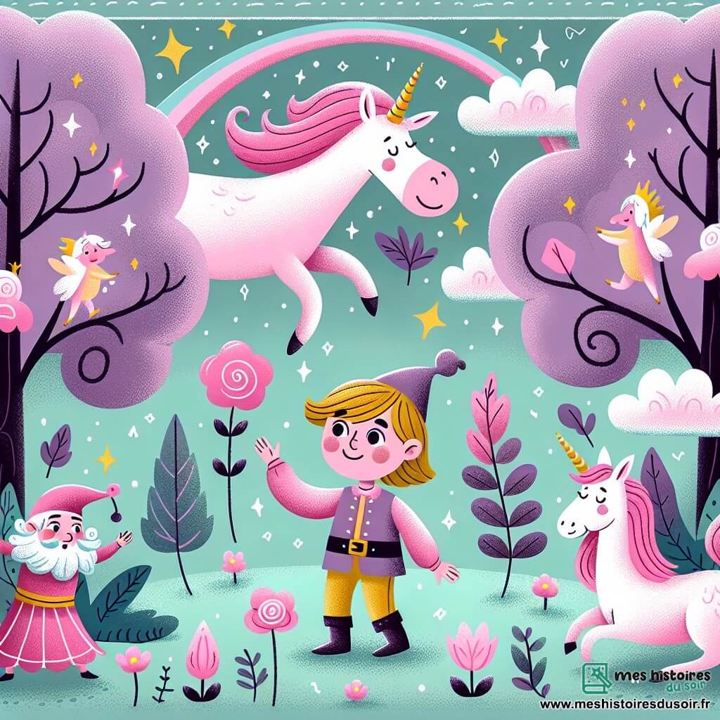 Une illustration destinée aux enfants représentant un petit garçon curieux se retrouvant dans un monde magique rempli de licornes roses et de nuages sucrés, accompagné d'une licorne féminine et d'un lutin farceur, se déroulant dans une forêt enchantée aux arbres dansants et aux lapins parlants.