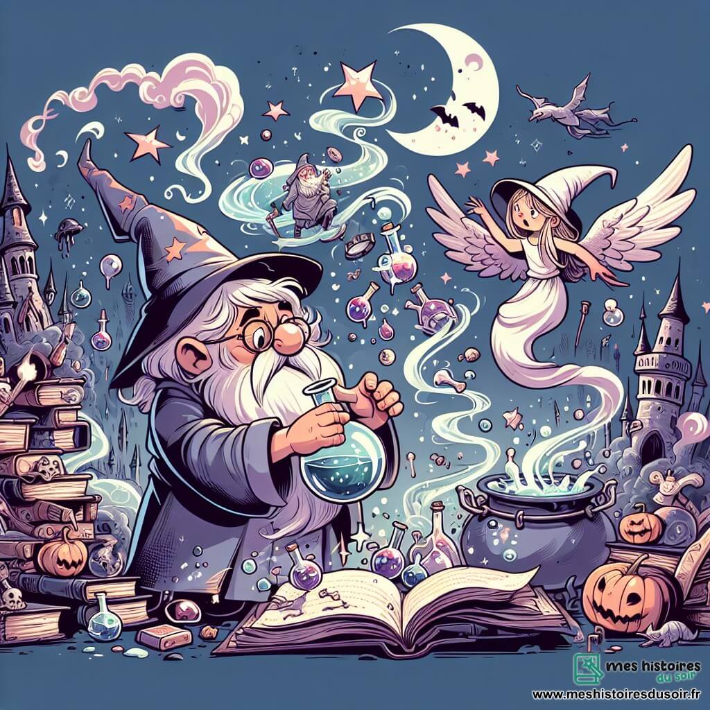 Une illustration destinée aux enfants représentant un sorcier maladroit découvrant une potion magique, accompagné d'une sorcière au nez crochu, dans un laboratoire biscornu rempli de chaudrons bouillonnants, de livres poussiéreux et de fioles étincelantes, situé au cœur d'un royaume lointain où la magie danse dans les airs.