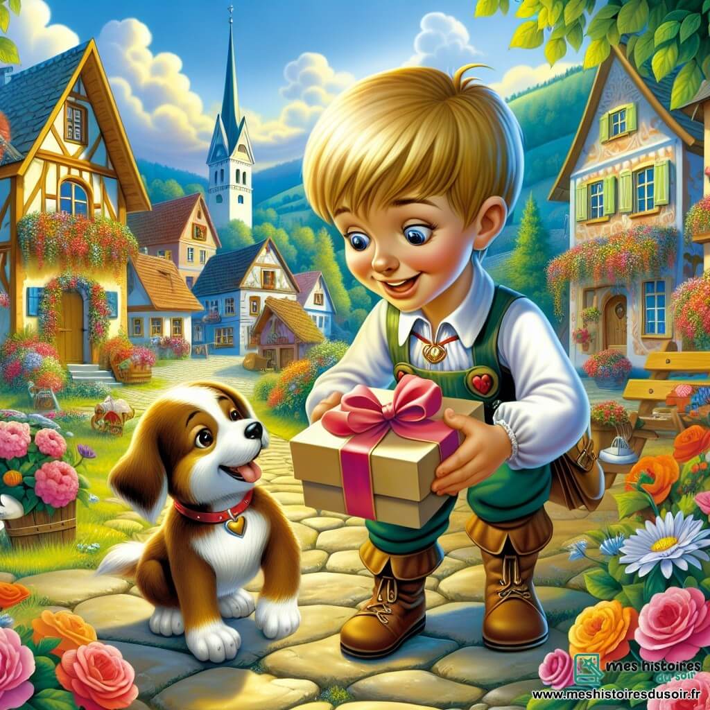 Une illustration destinée aux enfants représentant un garçon curieux et plein d'énergie, préparant une surprise pour sa maman pour la Fête des Mères, avec l'aide de son fidèle chien Rocky, dans un petit village ensoleillé aux rues fleuries et à la forêt enchantée.