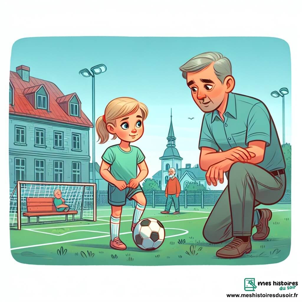 Une illustration destinée aux enfants représentant une jeune fille passionnée de football, vivant dans une petite ville paisible, s'entraînant avec détermination sur un terrain de football municipal, sous le regard bienveillant de son père.