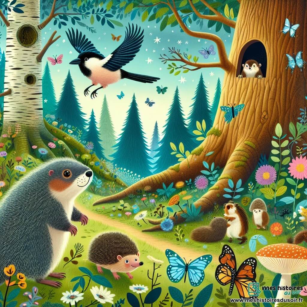 Une illustration destinée aux enfants représentant une marmotte curieuse, une pie bavarde et un hérisson malicieux explorant une forêt enchantée avec des arbres géants, des papillons colorés et un arbre à paroles mystérieux.