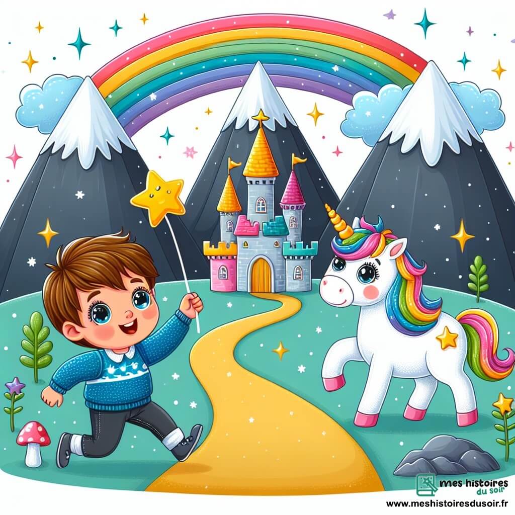 Une illustration destinée aux enfants représentant un petit garçon aux yeux brillants, poursuivant une étoile filante, accompagné d'une licorne aux yeux pétillants, dans un château aux mille couleurs situé au pied d'une montagne majestueuse.