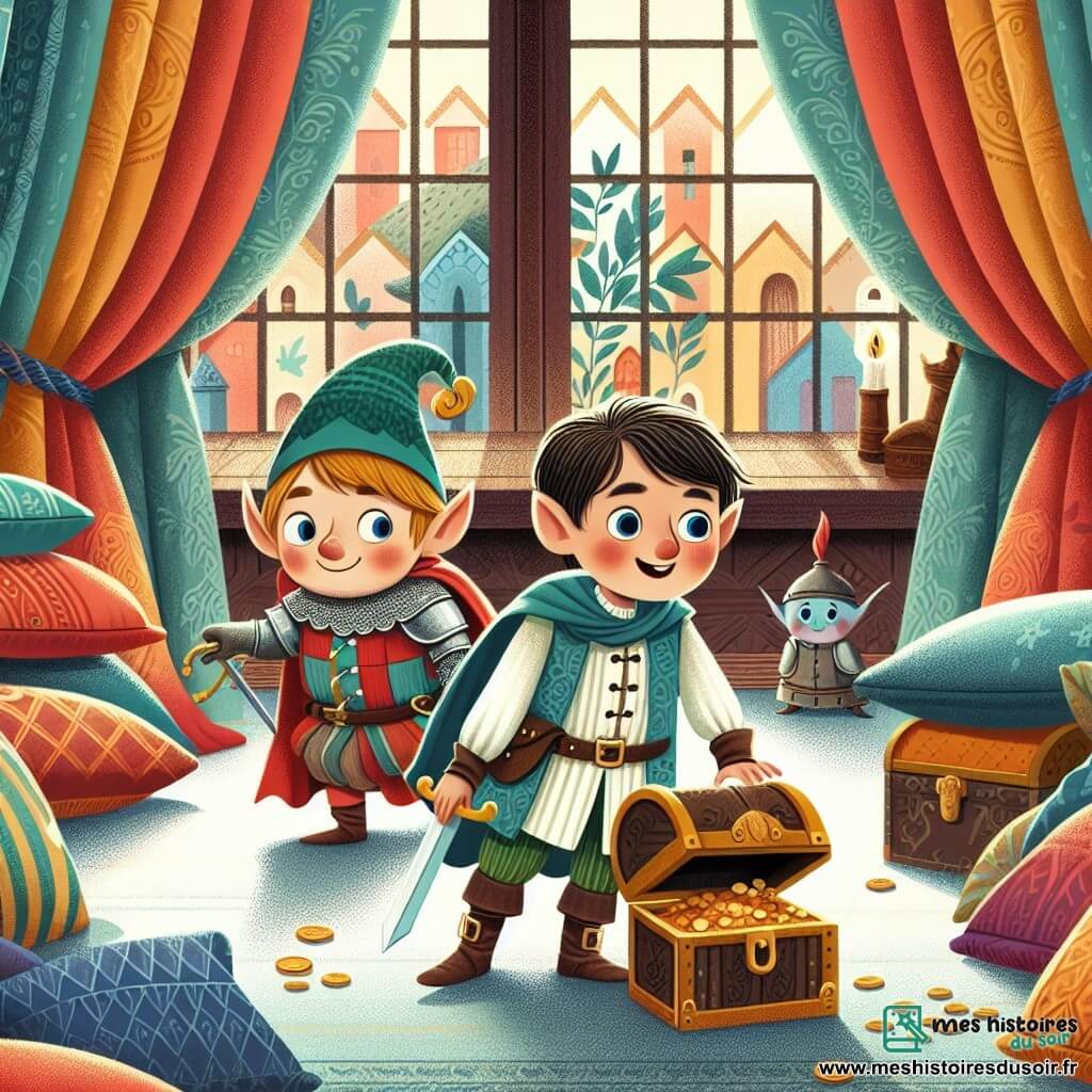 Une illustration destinée aux enfants représentant un petit garçon en costume de chevalier, accompagné d'un lutin farceur, cherchant un trésor caché dans une maison pleine de coussins moelleux et de rideaux colorés.