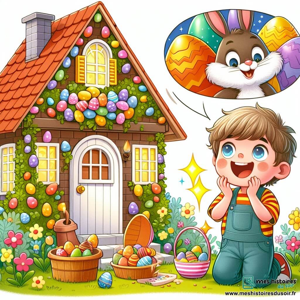 Une illustration destinée aux enfants représentant un petit garçon émerveillé par une mission spéciale pour aider le Lapin de Pâques à préparer des œufs en chocolat magiques, accompagné d'un joyeux Lapin de Pâques, dans la Maison des Lapins, un bâtiment en forme de carotte aux couleurs vives entouré d'un jardin fleuri.