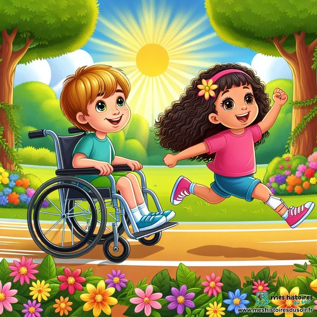 Une illustration destinée aux enfants représentant un garçon en fauteuil roulant, faisant la course avec une petite fille aux cheveux bouclés et aux yeux pétillants, dans un parc ensoleillé bordé de fleurs multicolores et d'arbres majestueux.
