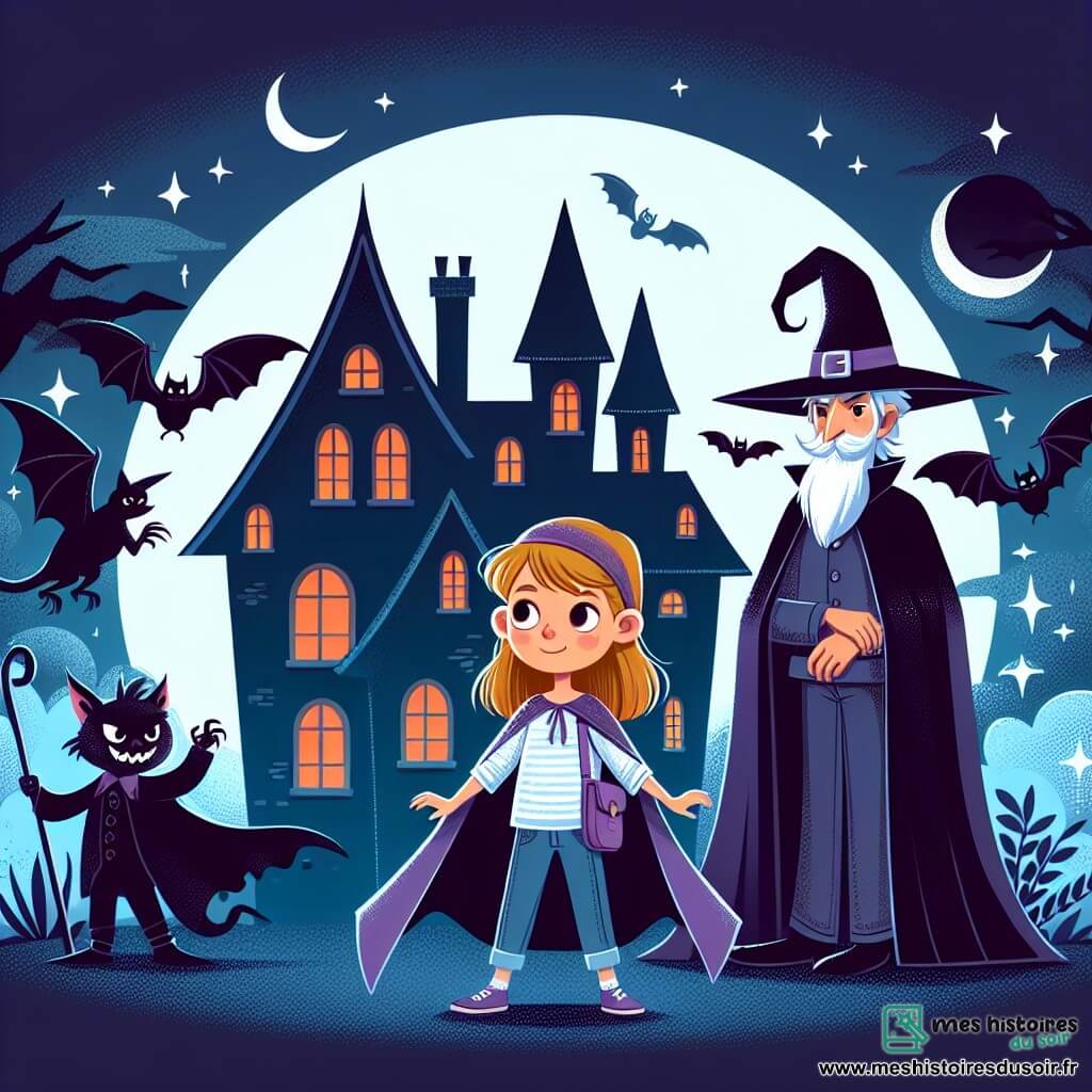 Une illustration destinée aux enfants représentant une fille pleine de courage se tenant devant une maison hantée, accompagnée d'un sorcier au regard mystérieux, dans une bâtisse sombre aux chauves-souris volant autour, lors d'une nuit d'Halloween magique.