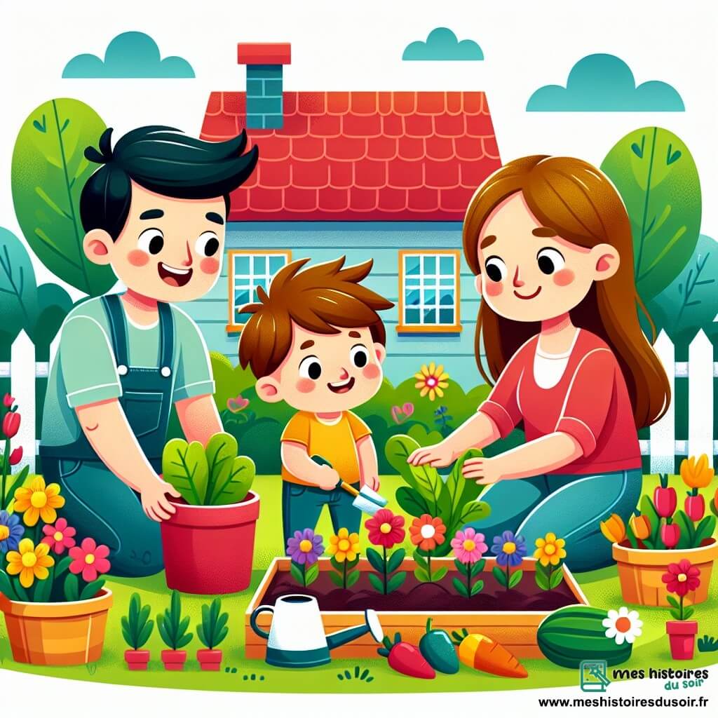 Une illustration destinée aux enfants représentant un petit garçon aux cheveux bruns ébouriffés, partageant un moment de complicité avec ses parents en construisant un potager coloré et fleuri dans leur charmant jardin au toit rouge.