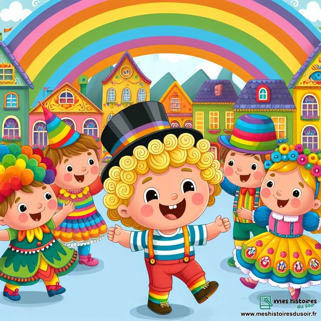 Une illustration destinée aux enfants représentant un petit garçon aux boucles blondes lumineuses, plongé dans l'effervescence du Carnaval, accompagné de ses amis déguisés, dans le village coloré et joyeux d'Arc-en-Ciel.