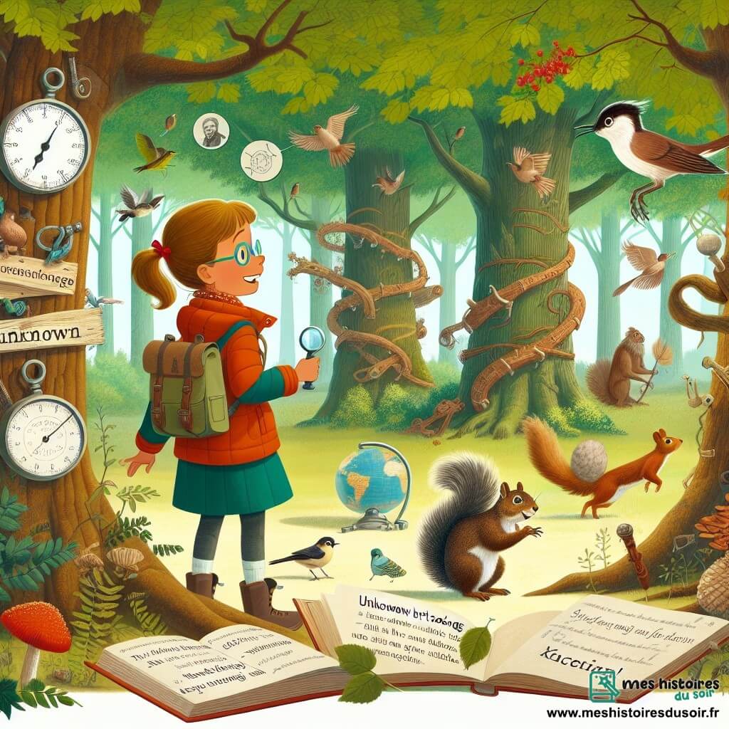 Une illustration destinée aux enfants représentant une jeune fille passionnée de science voyageant à travers les époques avec l'aide d'un écureuil malicieux, se retrouvant dans une forêt dense aux arbres immenses et aux chants d'oiseaux inconnus.