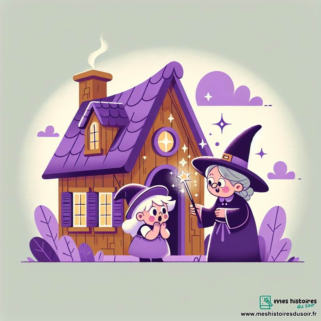 Une illustration destinée aux enfants représentant une apprentie sorcière émerveillée par sa découverte d'une baguette magique, accompagnée de sa gentille grand-mère sorcière, dans une maison aux volets violets et au toit en forme de chapeau pointu, située dans un petit village enchanté.
