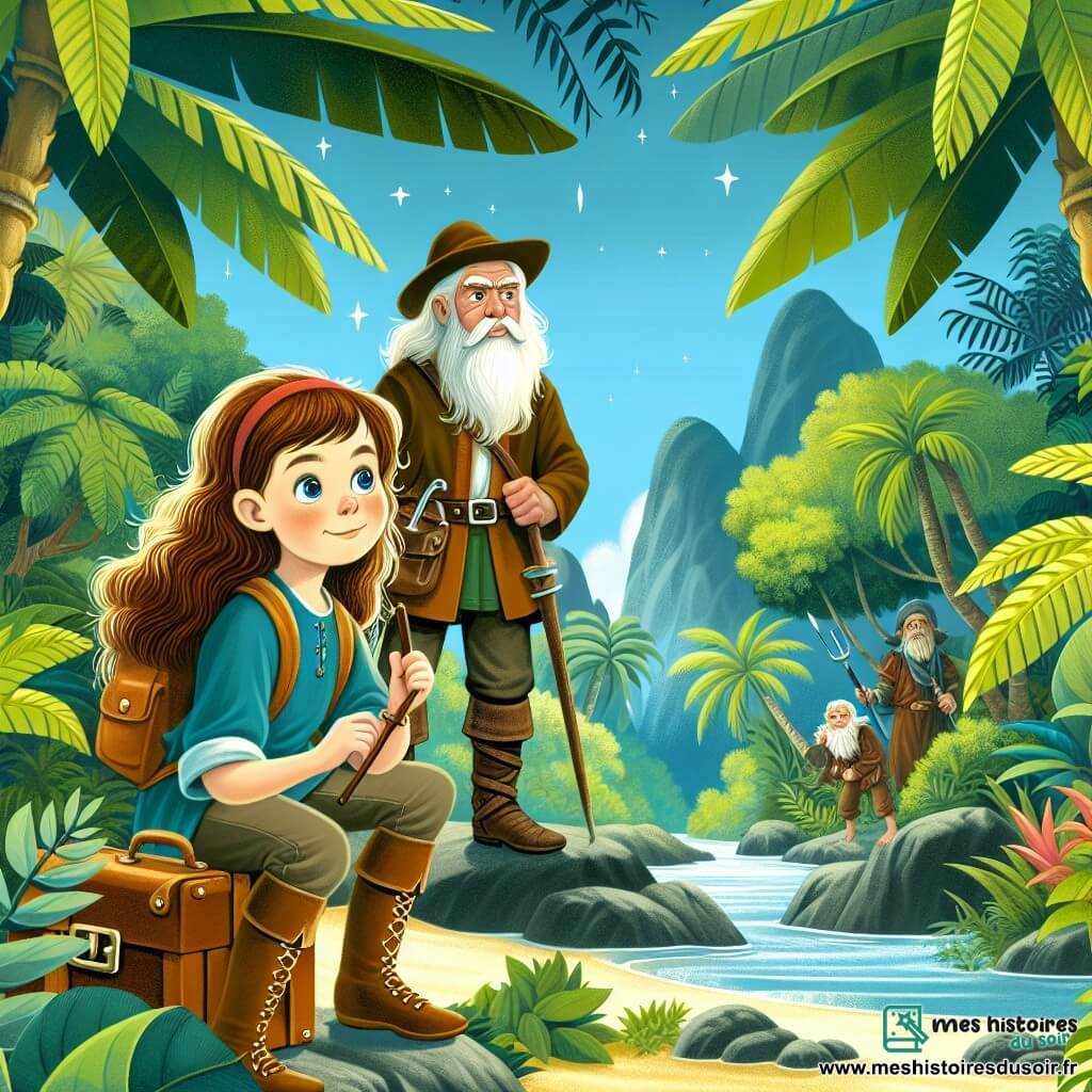 Une illustration destinée aux enfants représentant une jeune fille intrépide se préparant à une aventure mystérieuse avec l'aide d'un sage mentor, sur une île tropicale luxuriante et pleine de dangers.