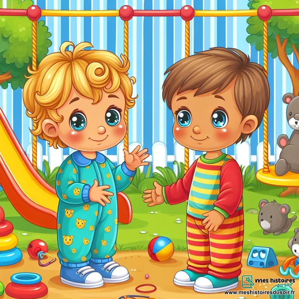 Une illustration destinée aux enfants représentant un petit garçon aux boucles blondes et aux yeux pétillants, rencontrant un nouveau copain timide dans une crèche colorée avec des balançoires, des toboggans et des jouets éparpillés.