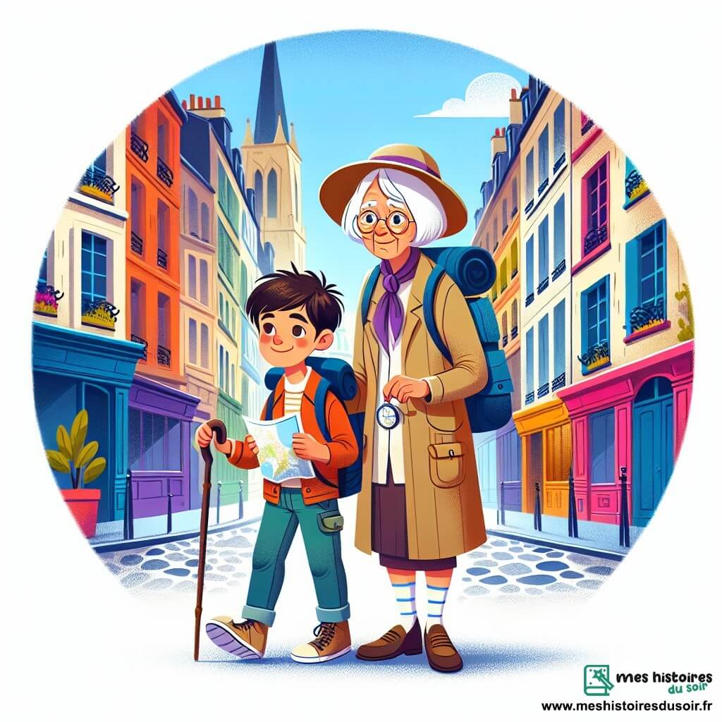 Une illustration destinée aux enfants représentant un jeune garçon aventurier des temps modernes, accompagné de sa grand-mère sage et aimante, évoluant dans les rues animées et colorées de la ville de Paris.