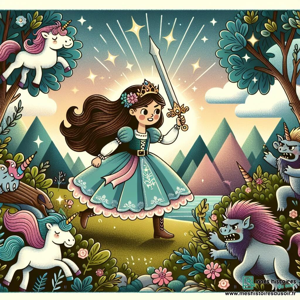 Une illustration destinée aux enfants représentant une princesse courageuse affrontant des trolls maléfiques dans une forêt enchantée, accompagnée de licornes scintillantes, dans un royaume lointain et enchanté.