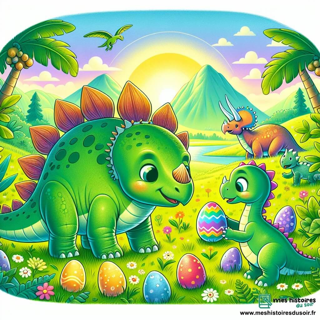 Une illustration destinée aux enfants représentant un stégosaure curieux découvrant un œuf arc-en-ciel, accompagné d'un bébé tricératops adorable, dans la vallée verdoyante et luxuriante des dinosaures.