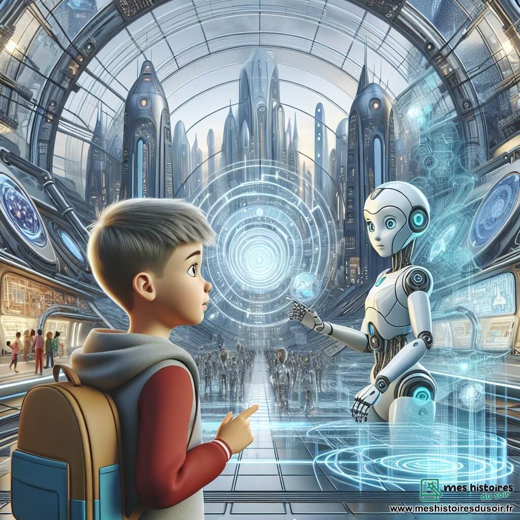 Une illustration destinée aux enfants représentant un garçon curieux évoluant dans une Cité d'Argentium futuriste, aidé par une Intelligence Artificielle féminine, au cœur d'une métropole aux teintes argentées, structures en verre transparent et écrans holographiques.