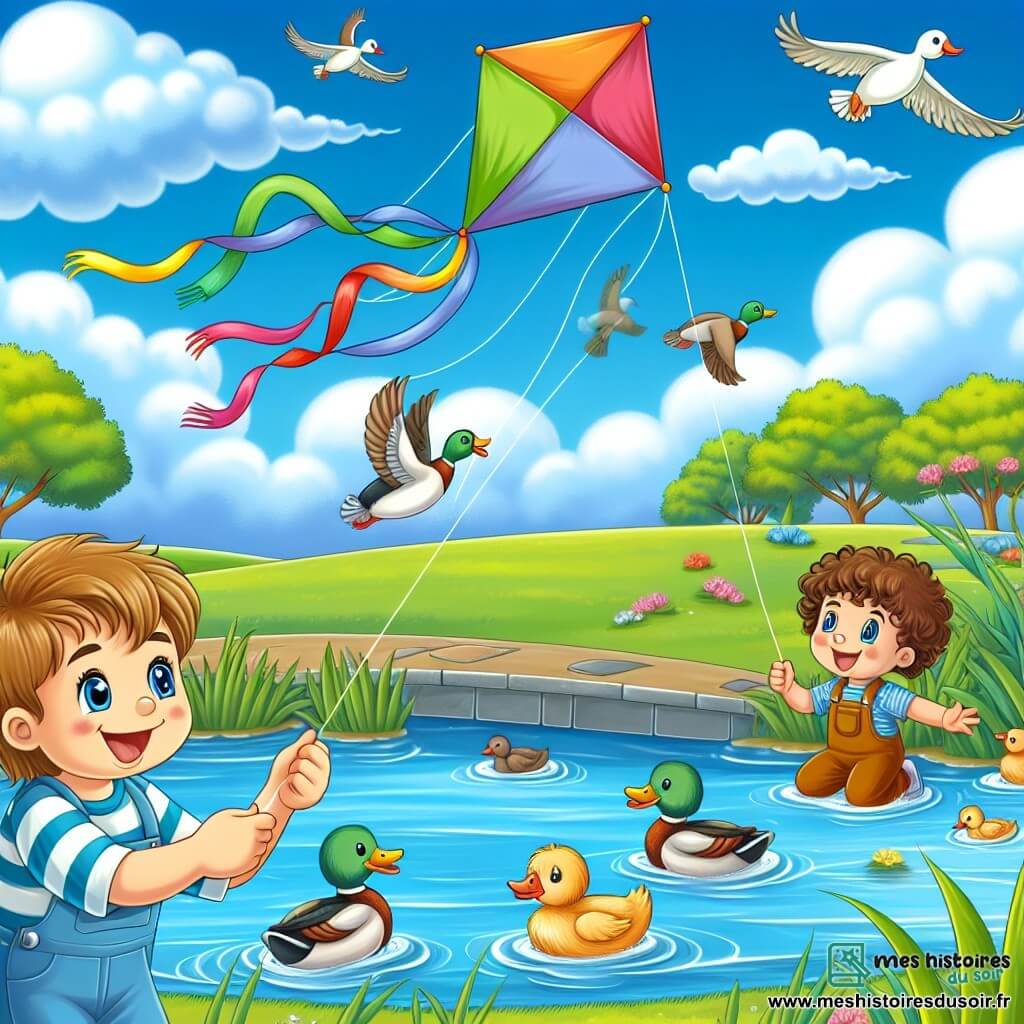 Une illustration destinée aux enfants représentant un petit garçon joyeux faisant voler un cerf-volant coloré au parc, accompagné d'un garçon aux cheveux bouclés, observant des canards barboter dans un étang aux eaux cristallines, sous un ciel bleu parsemé de nuages blancs cotonneux.