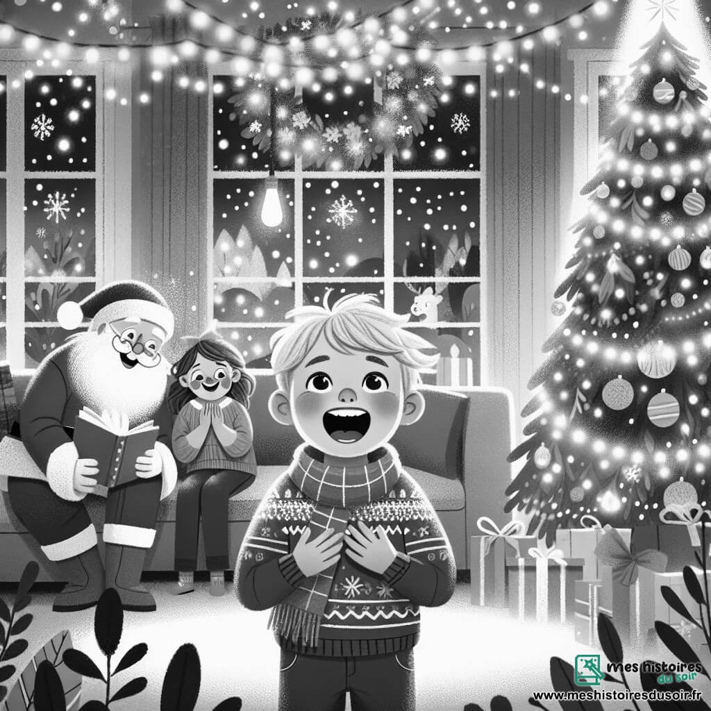 Une illustration destinée aux enfants représentant un petit garçon émerveillé par la visite surprise du Père Noël, accompagné de sa famille, dans un salon chaleureux décoré de guirlandes scintillantes et d'un sapin majestueux, le tout baigné dans une lumière douce et féerique.