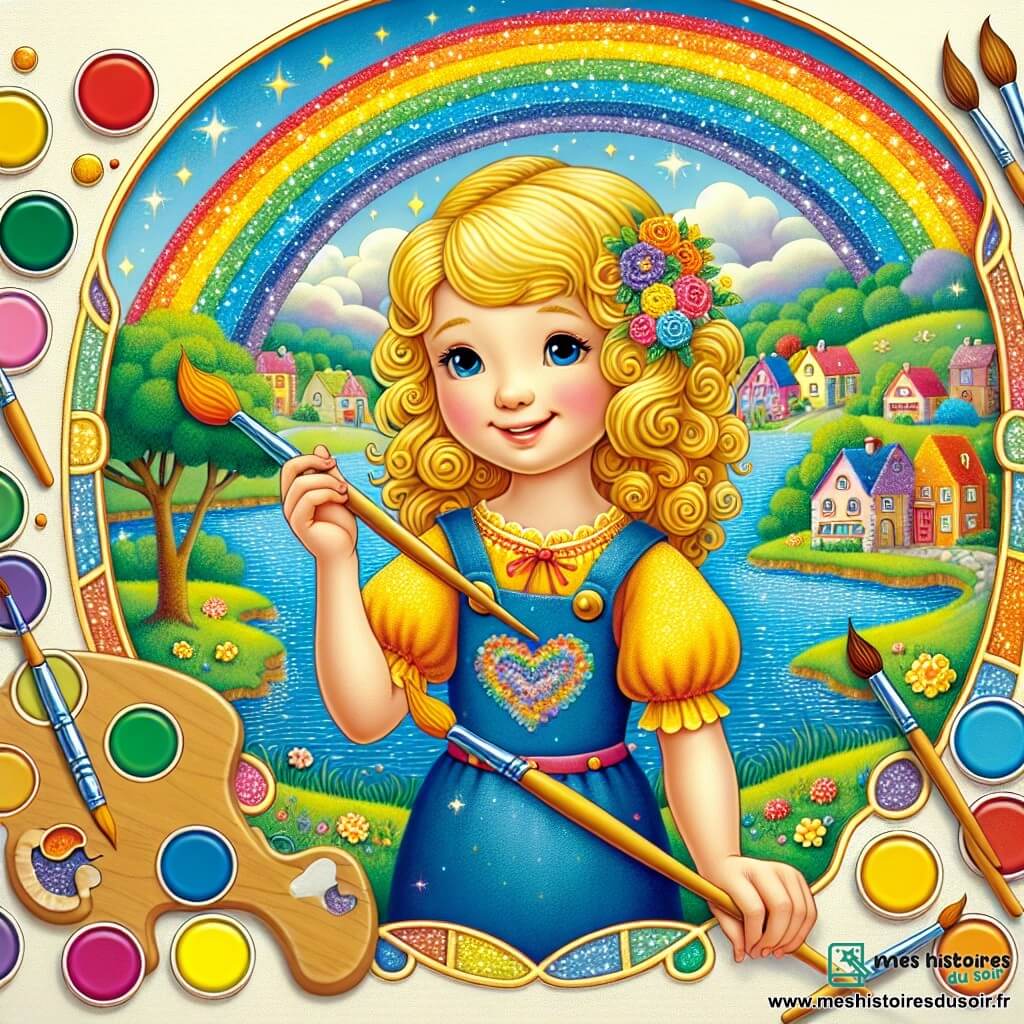 Une illustration destinée aux enfants représentant une petite fille aux boucles blondes, une artiste peintre voyageuse, peignant un arc-en-ciel près d'un lac scintillant dans le village de la Petite Claire.