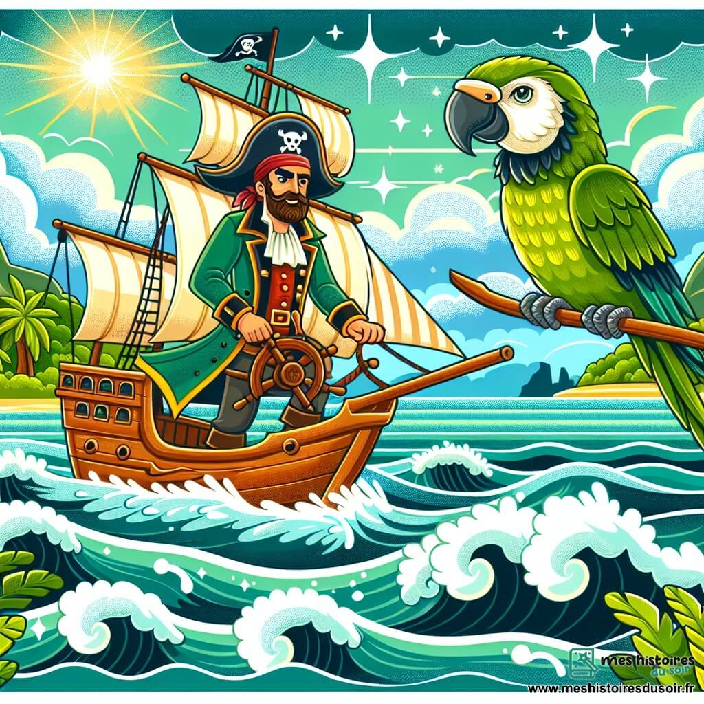Une illustration destinée aux enfants représentant un courageux capitaine pirate (garçon) naviguant sur son navire, accompagné de son fidèle perroquet (garçon), voguant à travers des mers scintillantes parsemées d'îles verdoyantes et de tempêtes déchaînées.