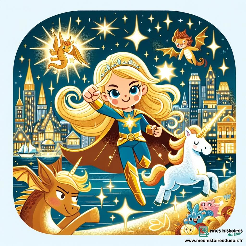Une illustration destinée aux enfants représentant une super-héroïne aux cheveux dorés et aux yeux pétillants, affrontant un sorcier maléfique avec l'aide d'une licorne lumineuse et d'un dragon chaleureux, dans la cité scintillante de Starland où les étoiles brillent de mille feux même en plein jour.