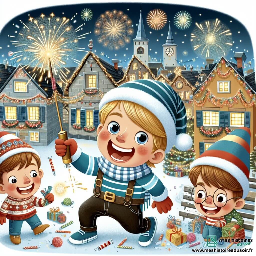 Une illustration destinée aux enfants représentant un garçon espiègle préparant avec enthousiasme le réveillon du nouvel an, accompagné de ses amis, dans une petite ville animée par les décorations scintillantes et les lumières festives.