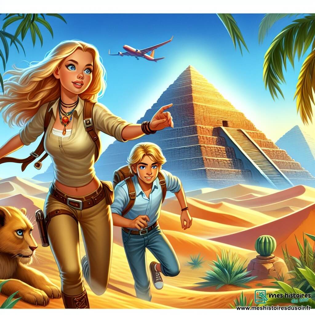 Une illustration destinée aux enfants représentant une jeune femme archéologue passionnée par les civilisations anciennes, accompagnée d'un garçon blond aux yeux bleus, partant à l'aventure vers une pyramide mystérieuse au cœur d'un désert lointain, entourée de dunes de sable doré et d'oasis verdoyantes.