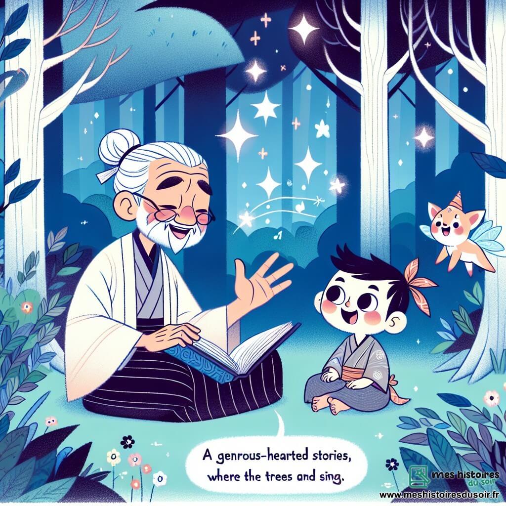 Une illustration destinée aux enfants représentant un homme au cœur généreux racontant des histoires magiques à un petit esprit farceur dans une forêt enchantée du Japon, où les arbres dansent et les étoiles chantent.