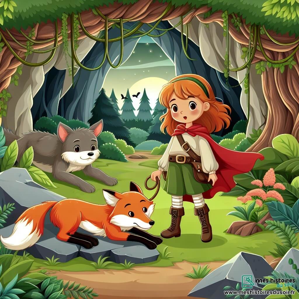 Une illustration destinée aux enfants représentant une petite fille courageuse découvrant un renard blessé dans une grotte mystérieuse, accompagnée de son fidèle ami, dans une forêt luxuriante aux arbres majestueux et aux lianes entrelacées.