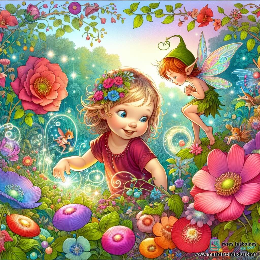 Une illustration destinée aux enfants représentant une petite fille curieuse découvrant un jardin enchanté rempli de créatures magiques, accompagnée d'un lutin farceur, dans un jardin aux couleurs vives et aux fleurs éclatantes.