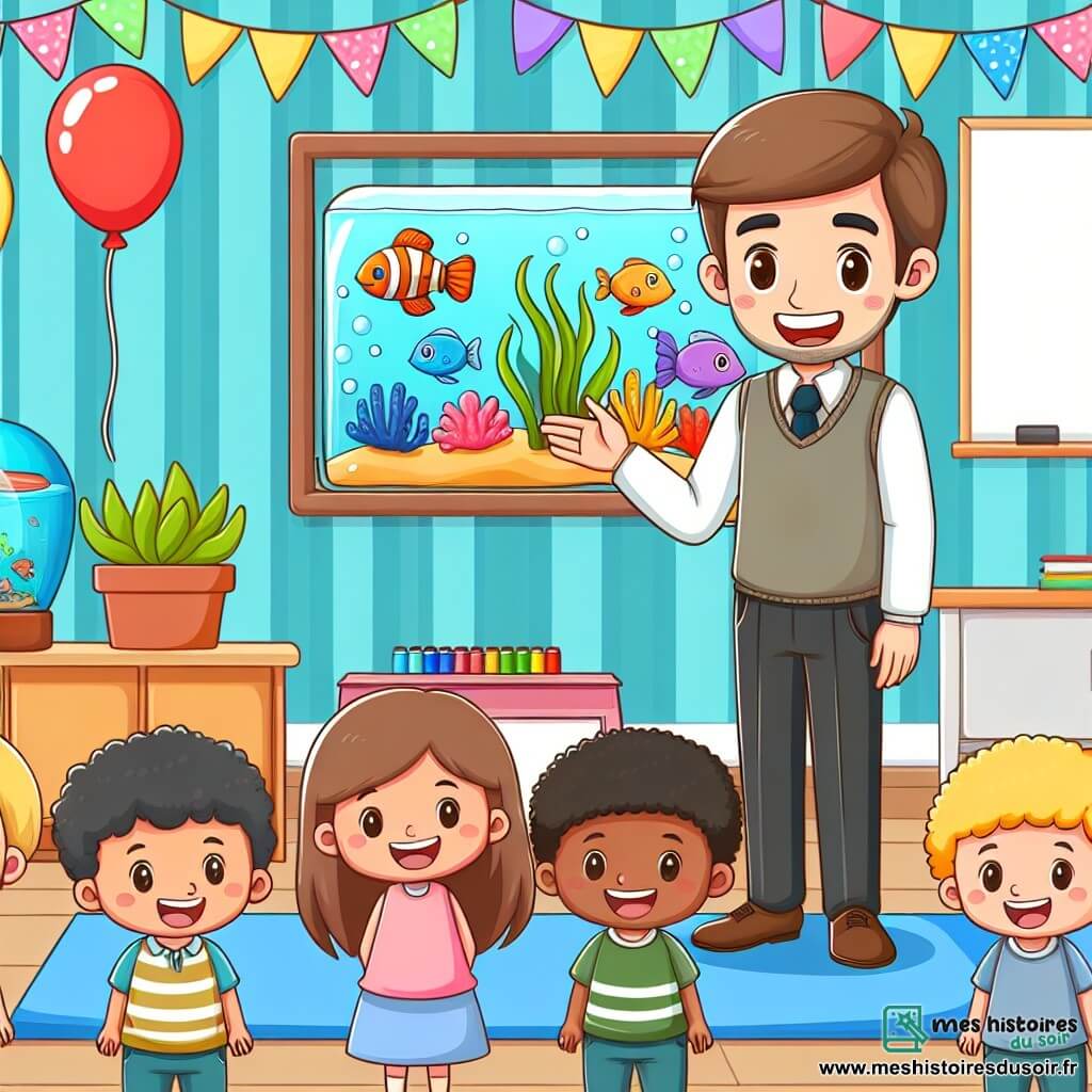 Une illustration destinée aux enfants représentant un jeune instituteur souriant, entouré d'enfants curieux et d'un aquarium coloré, dans une salle de classe chaleureuse décorée de ballons et de dessins joyeux.