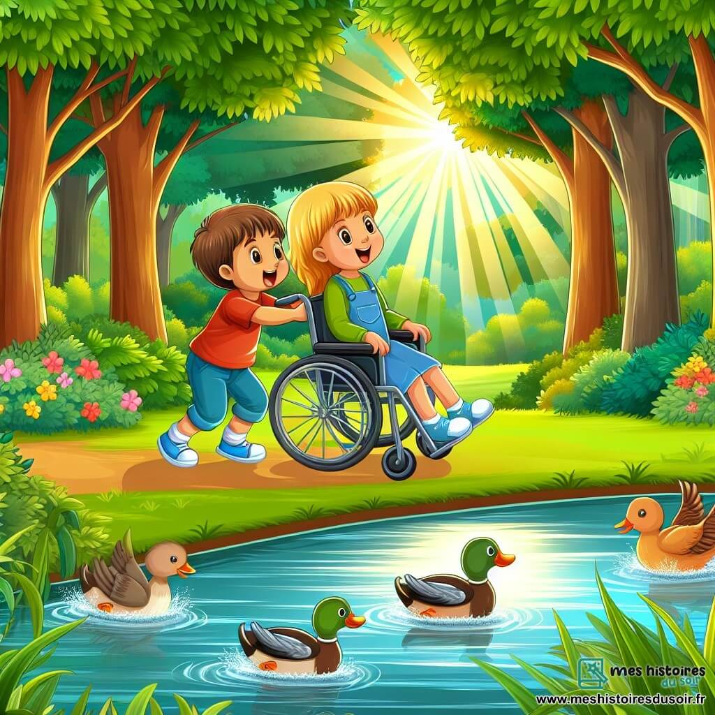 Une illustration destinée aux enfants représentant un petit garçon énergique faisant la rencontre d'une petite fille en fauteuil roulant dans un parc verdoyant, où les canards nagent paisiblement dans un étang scintillant.