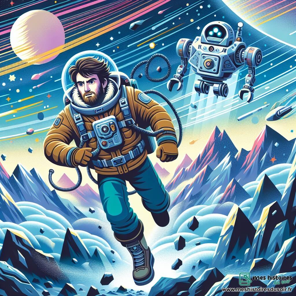 Une illustration destinée aux enfants représentant un courageux pilote, embarqué dans une mission de sauvetage spatiale périlleuse, accompagné de son fidèle robot, naviguant à travers un champ d'astéroïdes tourbillonnants pour atteindre une planète lointaine aux couleurs chatoyantes et aux montagnes scintillantes.
