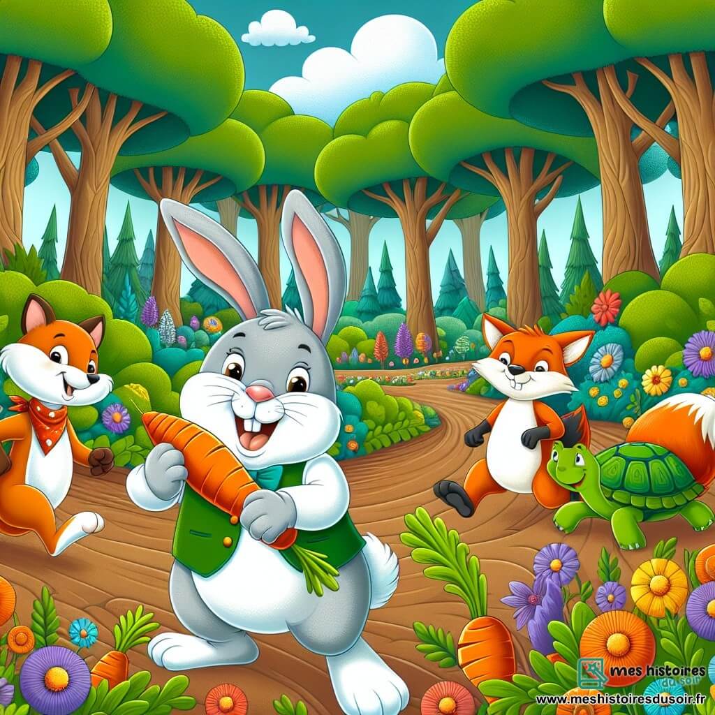 Une illustration destinée aux enfants représentant un lapin malicieux et jovial organisant une course de carottes avec ses amis, un renard espiègle et une tortue joyeuse, au cœur d'une forêt enchantée aux arbres majestueux et aux fleurs multicolores.