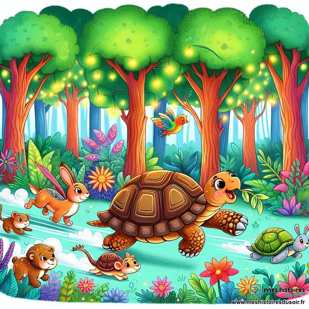 Une illustration destinée aux enfants représentant une tortue malicieuse participant à une course de vitesse avec ses amis animaux dans une forêt enchantée aux arbres majestueux, aux couleurs éclatantes et aux fleurs chatoyantes.