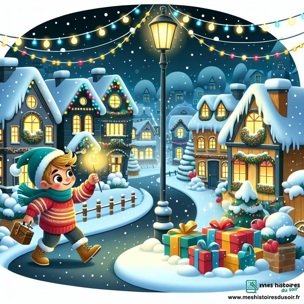 Une illustration destinée aux enfants représentant un garçon passionné par Noël, à la recherche d'un cadeau magique pour sa sœur, dans un village enneigé aux rues illuminées et aux façades décorées de guirlandes scintillantes.