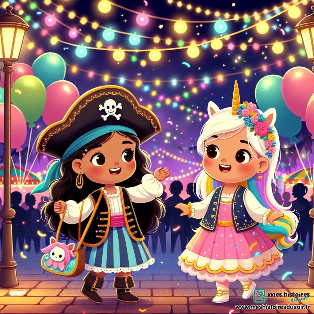 Une illustration destinée aux enfants représentant une petite fille déguisée en princesse pirate, vivant une journée magique lors du carnaval, accompagnée de sa meilleure amie, une autre petite fille déguisée en licorne, dans un parc coloré et festif rempli de guirlandes lumineuses et de ballons multicolores.