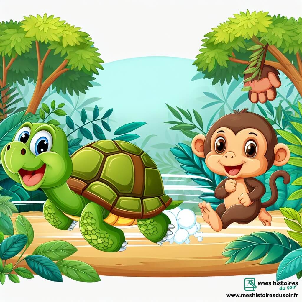Une illustration destinée aux enfants représentant une tortue pressée se retrouvant dans une course folle à travers une jungle luxuriante, accompagnée d'un singe farceur, dans une ambiance joyeuse et colorée.