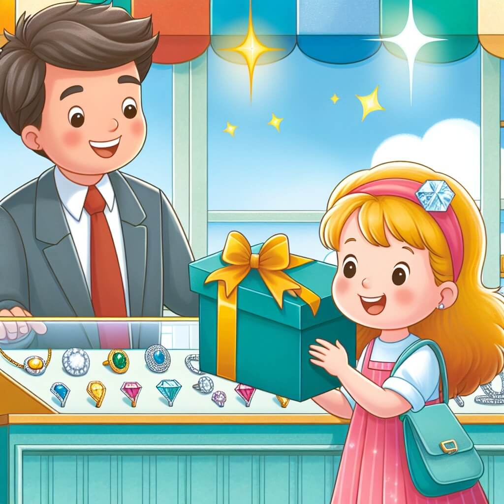 Une illustration destinée aux enfants représentant une jeune fille joyeuse préparant une surprise pour sa maman lors d'une journée ensoleillée, avec un gentil homme l'aidant à trouver le cadeau parfait, dans une boutique de bijoux aux murs colorés et aux étagères étincelantes.