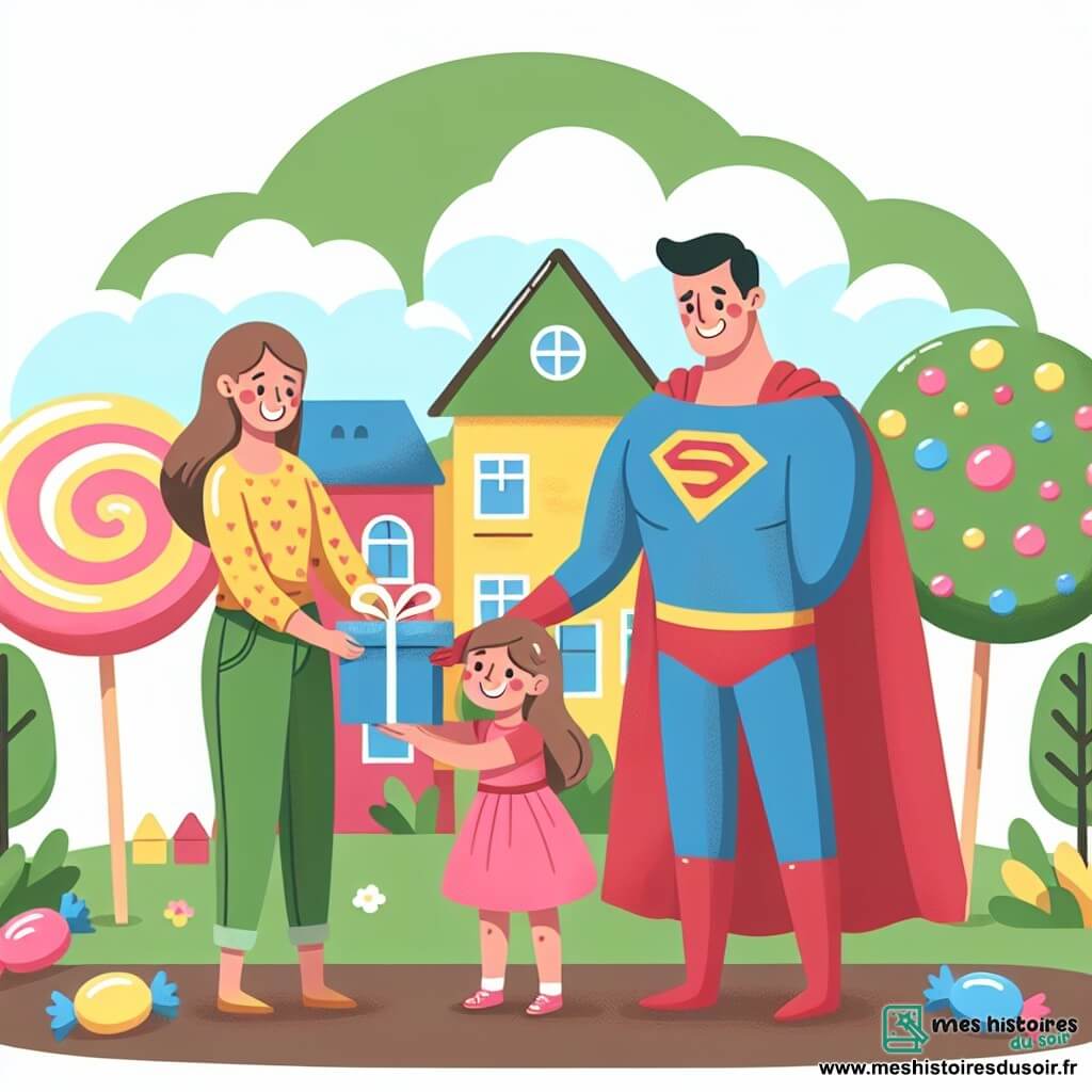 Une illustration destinée aux enfants représentant une petite fille espiègle préparant un cadeau spécial pour son papa super-héros, avec l'aide de sa maman complice, dans un village coloré aux maisons en forme de bonbons et aux arbres en barbe à papa.