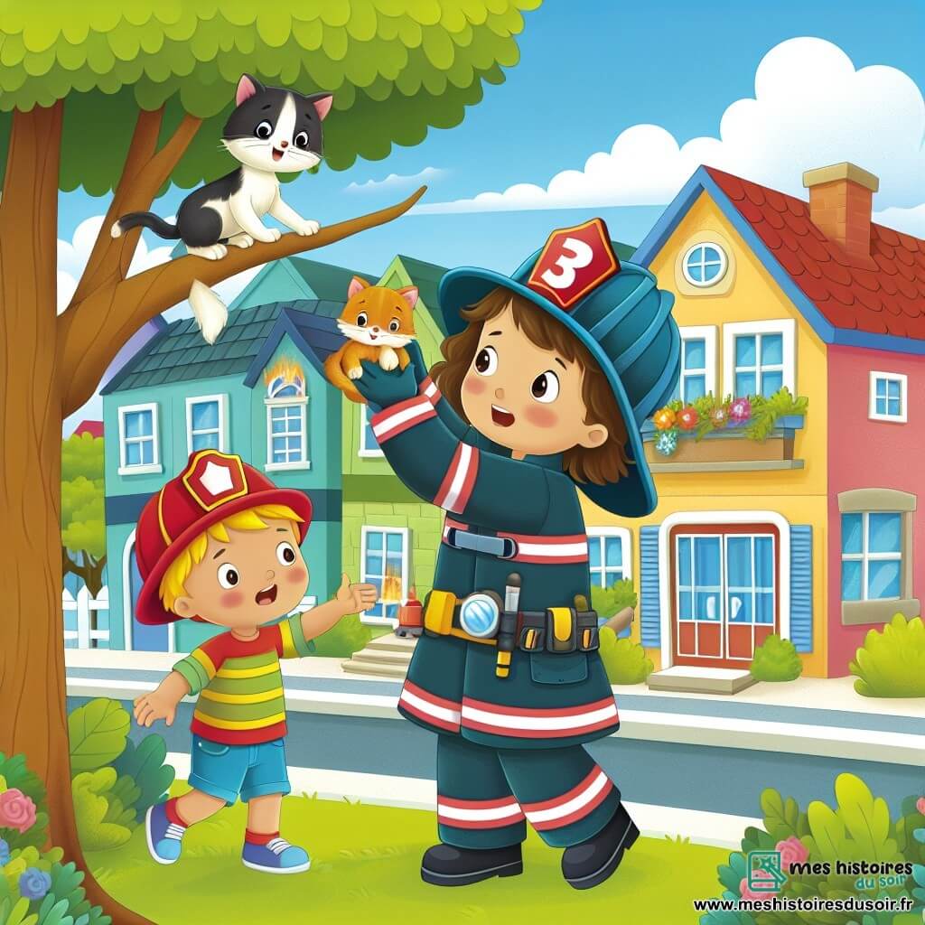Une illustration destinée aux enfants représentant une héroïne pompier, une petite fille courageuse, sauvant un chaton dans un arbre avec l'aide de ses collègues, dans une charmante petite ville campagnarde aux maisons colorées et aux arbres verdoyants.