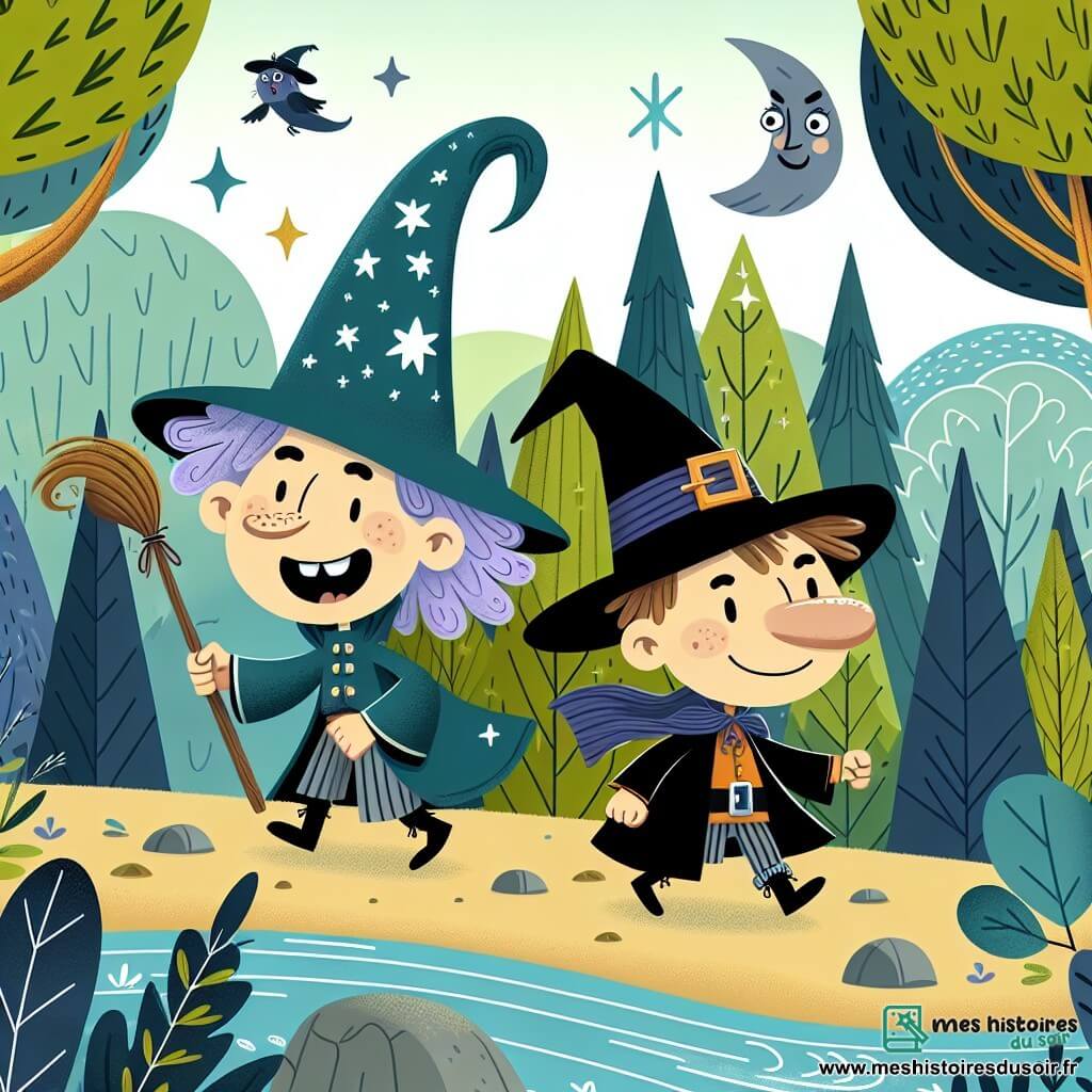 Une illustration destinée aux enfants représentant un apprenti sorcier espiègle et plein d'énergie, accompagné d'une sorcière au nez crochu et aux cheveux violets, évoluant dans une forêt enchantée où les arbres chantent et les rivières dansent.