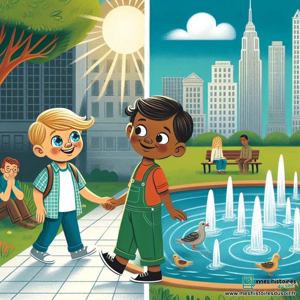 Une illustration destinée aux enfants représentant un garçon aux yeux pétillants confronté au racisme, accompagné d'un nouvel ami au sourire timide, dans un parc ensoleillé avec une fontaine au centre-ville.