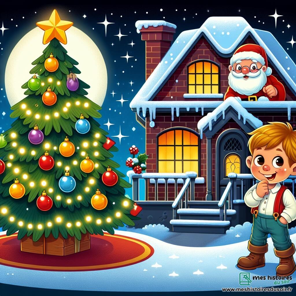 Une illustration destinée aux enfants représentant un petit garçon plein de malice, une visite nocturne du Père Noël, un sapin illuminé de boules colorées et une étoile dorée au sommet, dans une maison au toit rouge sous la neige scintillante de décembre.