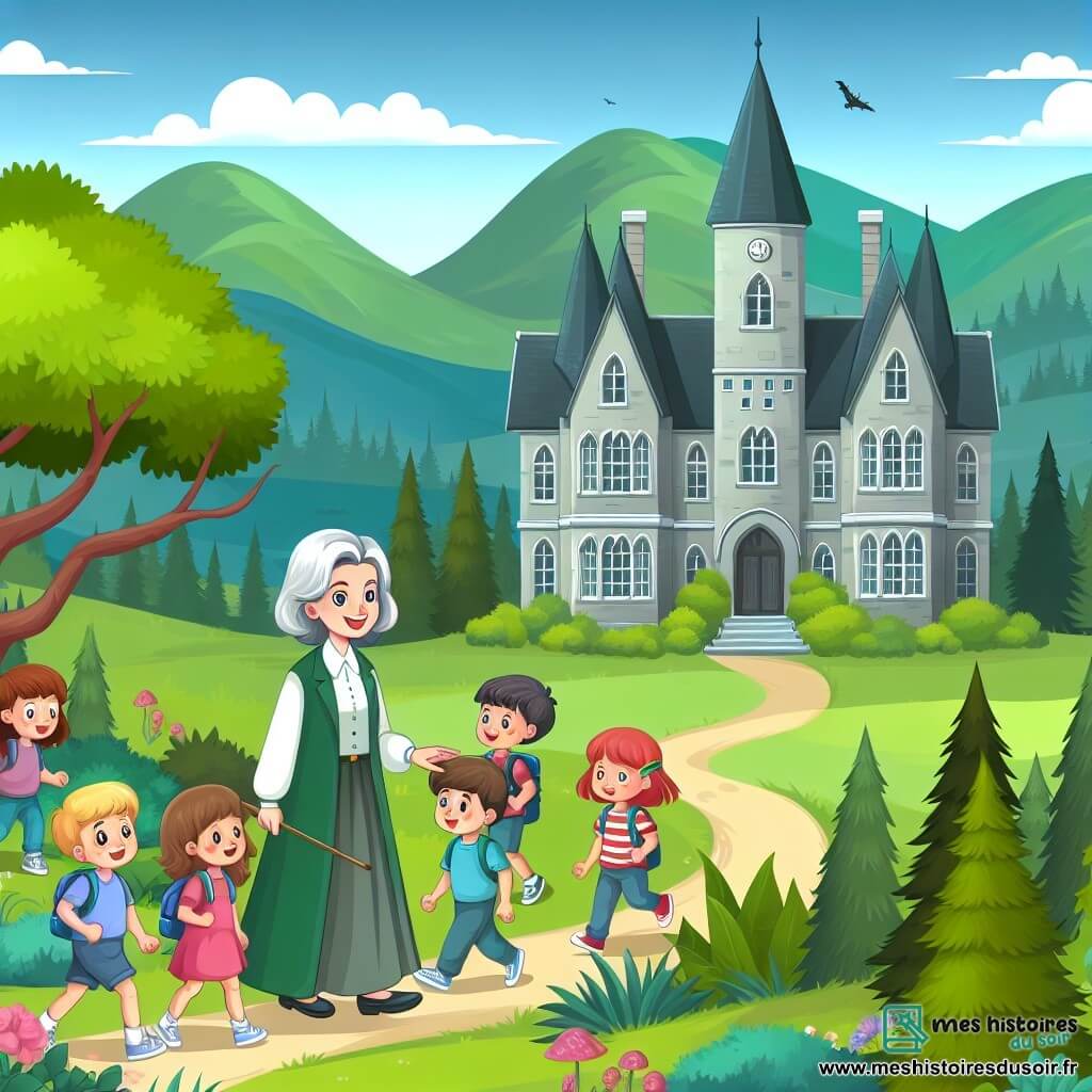Une illustration destinée aux enfants représentant un instituteur au regard bienveillant, accompagné d'un groupe d'enfants curieux, explorant un manoir mystérieux entouré de collines verdoyantes et d'arbres majestueux.