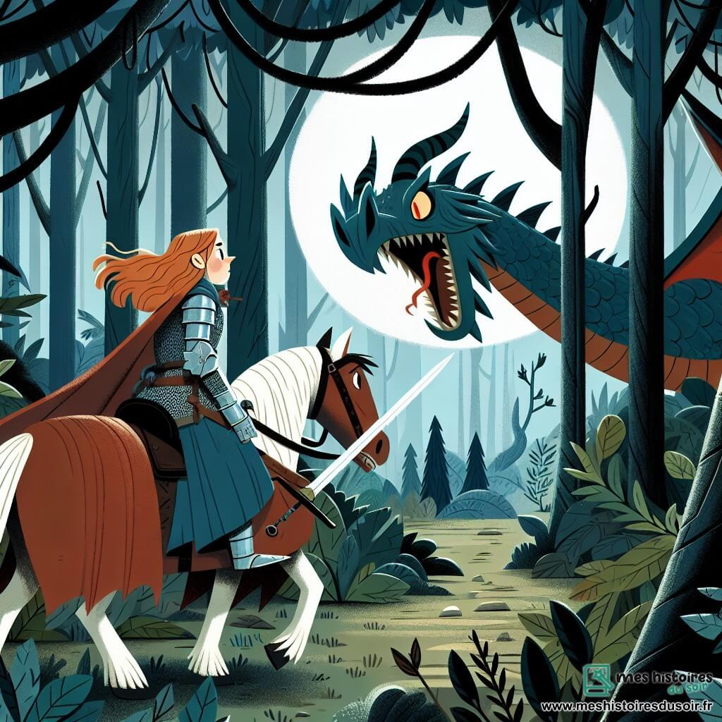 Une illustration destinée aux enfants représentant une chevalière intrépide affrontant un dragon redoutable pour découvrir un trésor caché, accompagnée de son fidèle destrier, dans une forêt dense et mystérieuse aux arbres murmurs des secrets anciens.