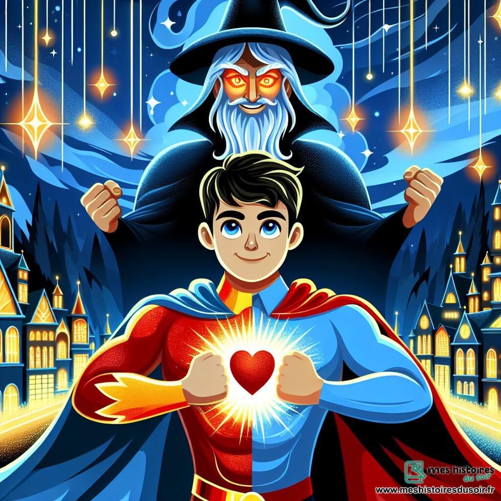 Une illustration destinée aux enfants représentant un super-héros vêtu d'un costume rouge et bleu brillant, un homme au grand cœur, affrontant un sorcier maléfique, un homme aux yeux brillants d'une lueur sinistre, dans une ville magique aux tours scintillantes et aux rues pavées de lumière.