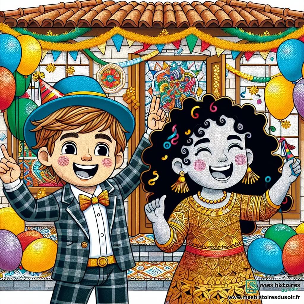 Une illustration destinée aux enfants représentant un garçon plein d'enthousiasme lors d'une fête du Nouvel An, accompagné de sa meilleure amie, une fille joyeuse aux cheveux bouclés, dans une maison décorée de guirlandes dorées et de ballons multicolores.